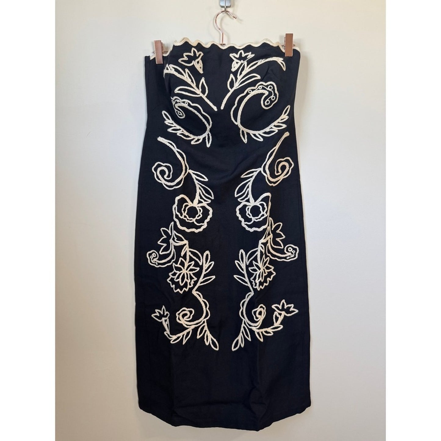 La Linge Sophia Dress Strapless Embroidered Linen Midi Black Ivory Size4