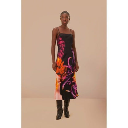 Farm Rio Black Floral Print Maxi Slip Dress Midi Spaghetti Strap
