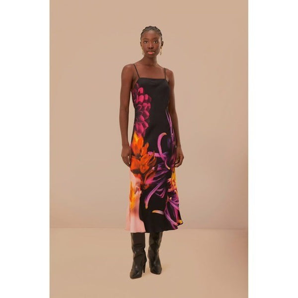 Farm Rio Black Floral Print Maxi Slip Dress Midi Spaghetti Strap