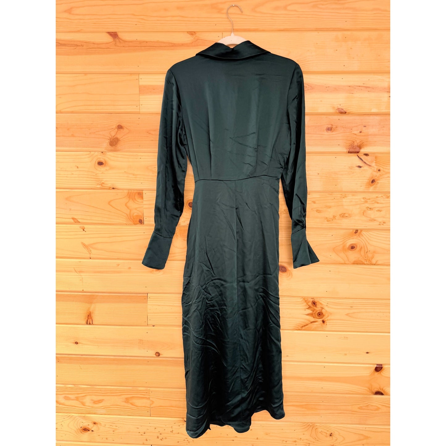 SIMKHAI Jonathon Simkhai Samba Wrap-effect Satin Midi Shirt Dress in Emerald Size 2