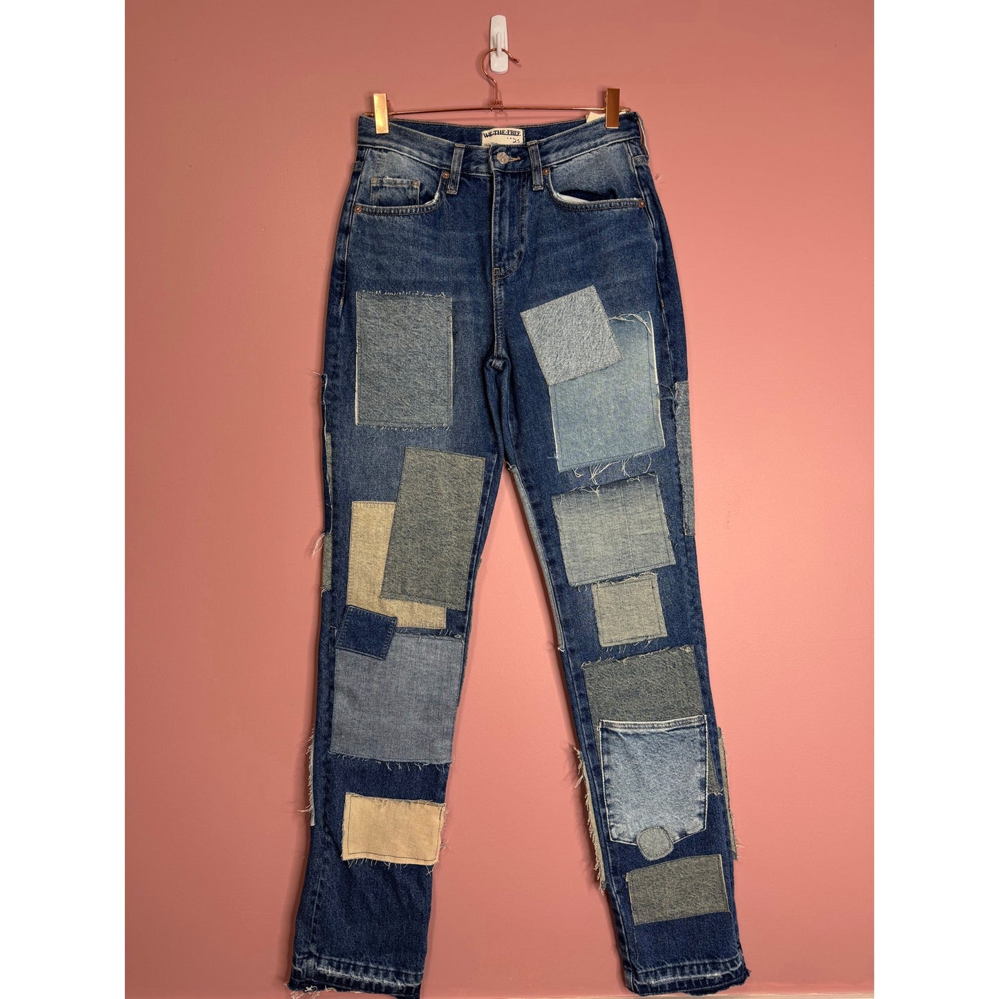 Free People Bare With Me Jeans Size 25 Denim Mid-Rise Straight Leg Patchwork