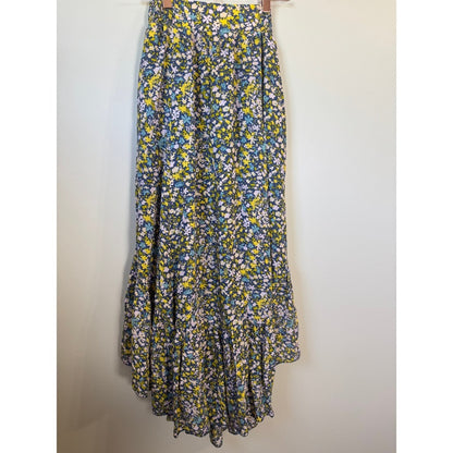 Free People Floral Two Piece Set Crop Top High Low Maxi Skirt XS Navy Yellow