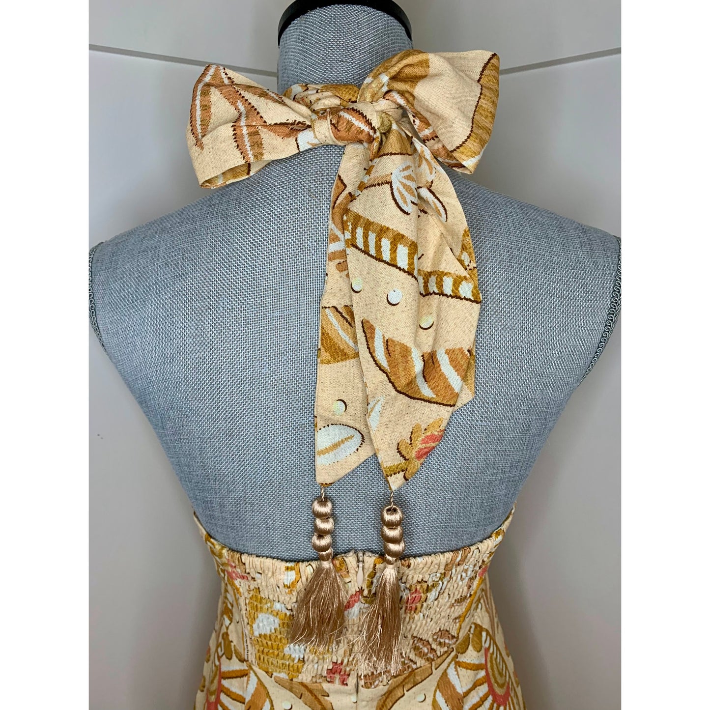 Farm Rio Jungle Chic Sand Midi Dress Small Floral Halter Cutout Front Tasseled
