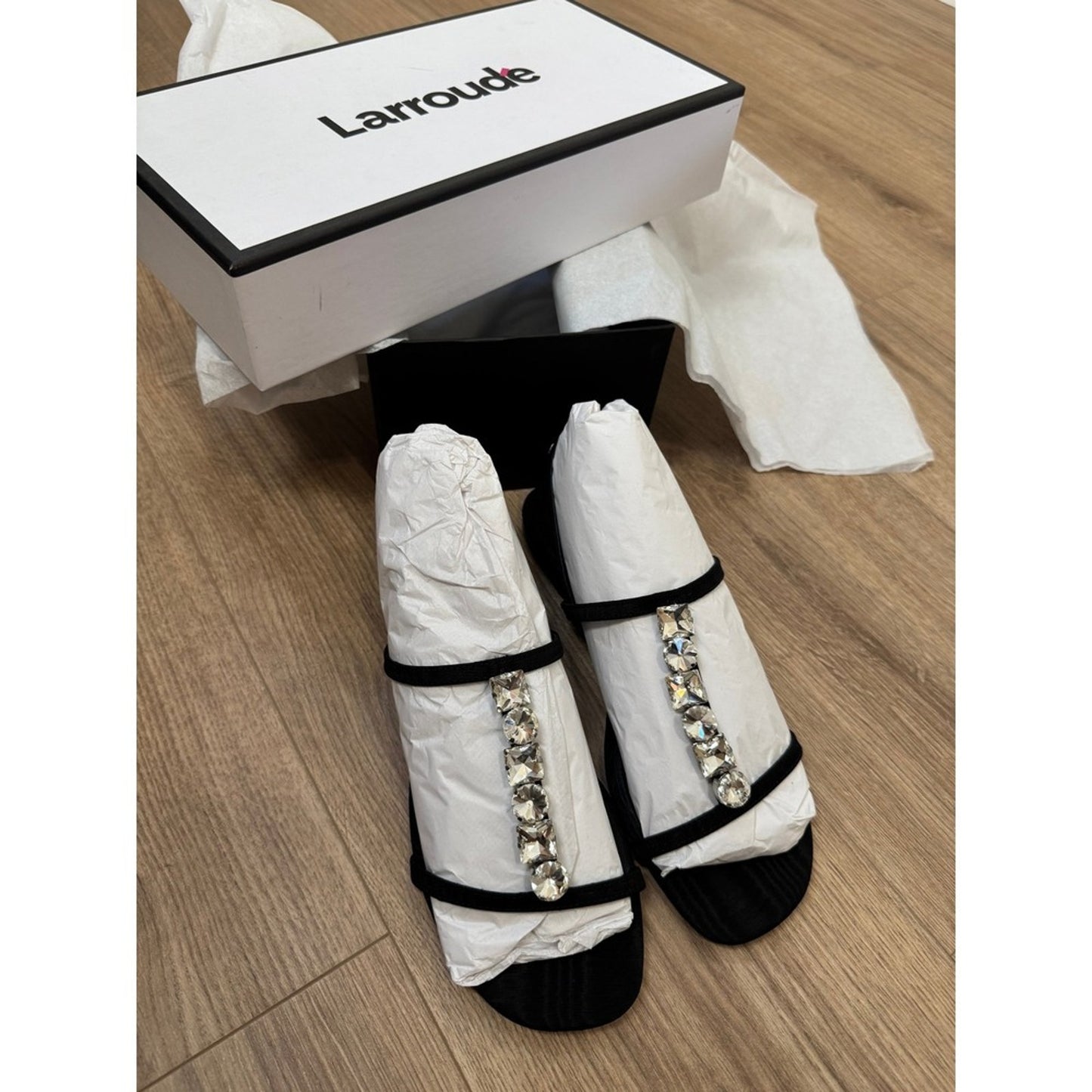 Larroude Black Satin Crystal Embellished T-Strap Flat Sandals Slingback New