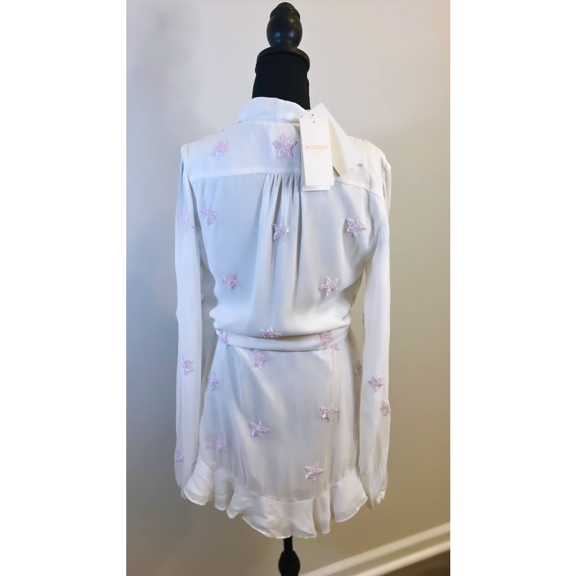 Rococo Sand Stellar Georgette Short Dress in White Size XS Long Sleeve Sequins