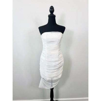 Majorelle‎ Ursula Mini Dress in White Medium Asymmetrical Strapless Ruched Mesh