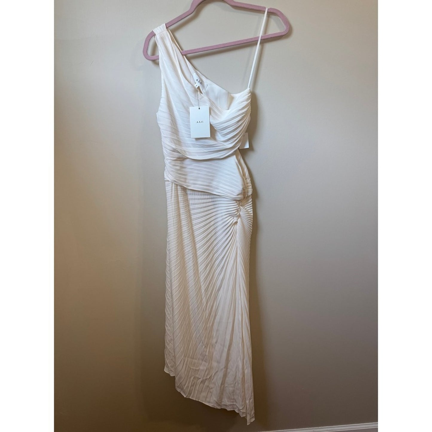ALC Delfina One Shoulder Pleated Cutout Midi Dress Whisper White Size 8 NEW