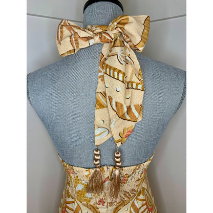 Farm Rio Jungle Chic Sand Midi Dress Large Floral Halter Tasseled Cutout Front