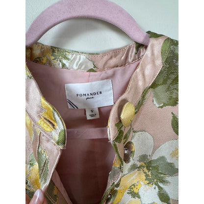 Pomander Place Floral Brocade Puff Sleeve Shift Dress Pink Yellow Green Small