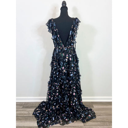 Ieena for Mac Duggal Ruffled Floral Print Cap Sleeve Gown Size 8