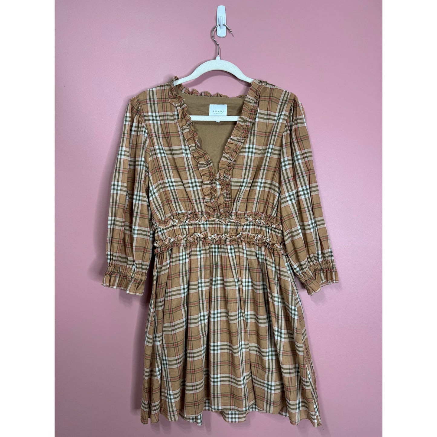 We Are Sundays Maisie Mini Dress in Tannin Plaid Large 3/4 Sleeve V-Neck Ruffle