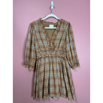 We Are Sundays Maisie Mini Dress in Tannin Plaid Large 3/4 Sleeve V-Neck Ruffle
