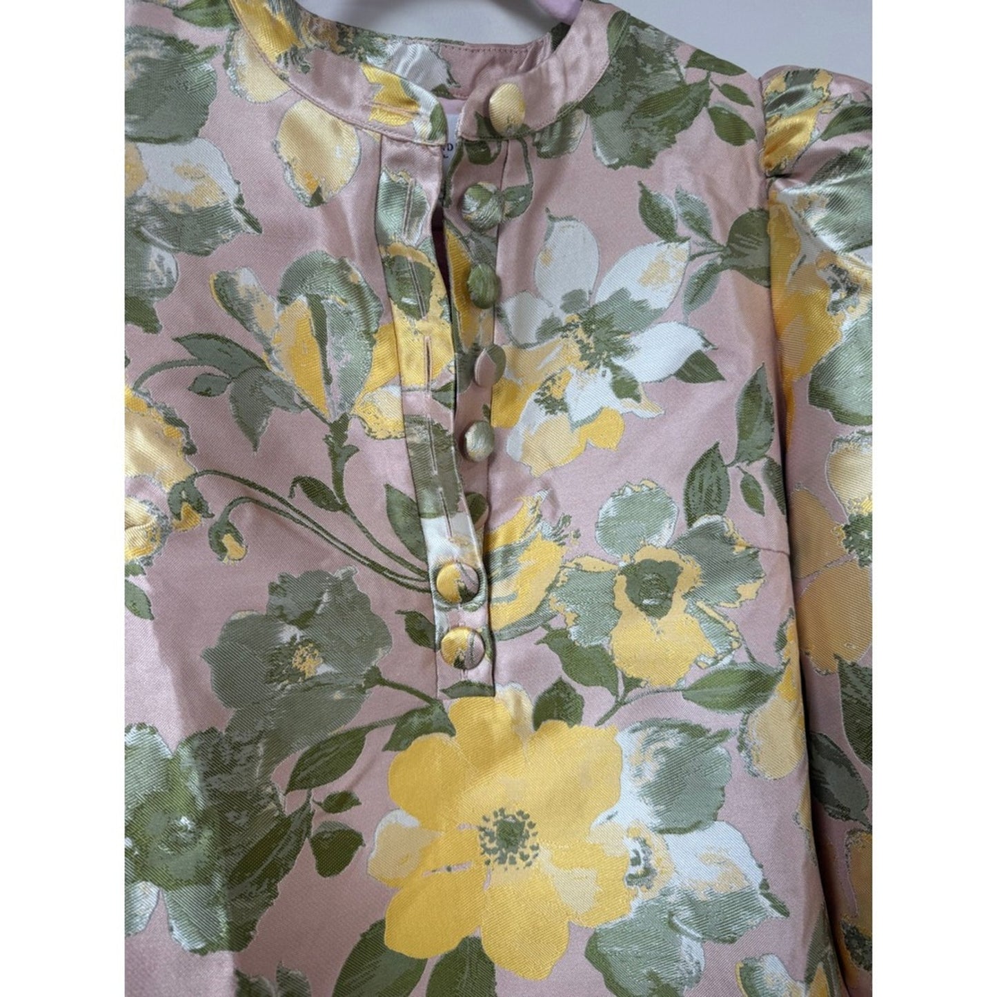 Pomander Place Floral Brocade Puff Sleeve Shift Dress Pink Yellow Green Small