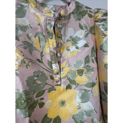 Pomander Place Floral Brocade Puff Sleeve Shift Dress Pink Yellow Green Small