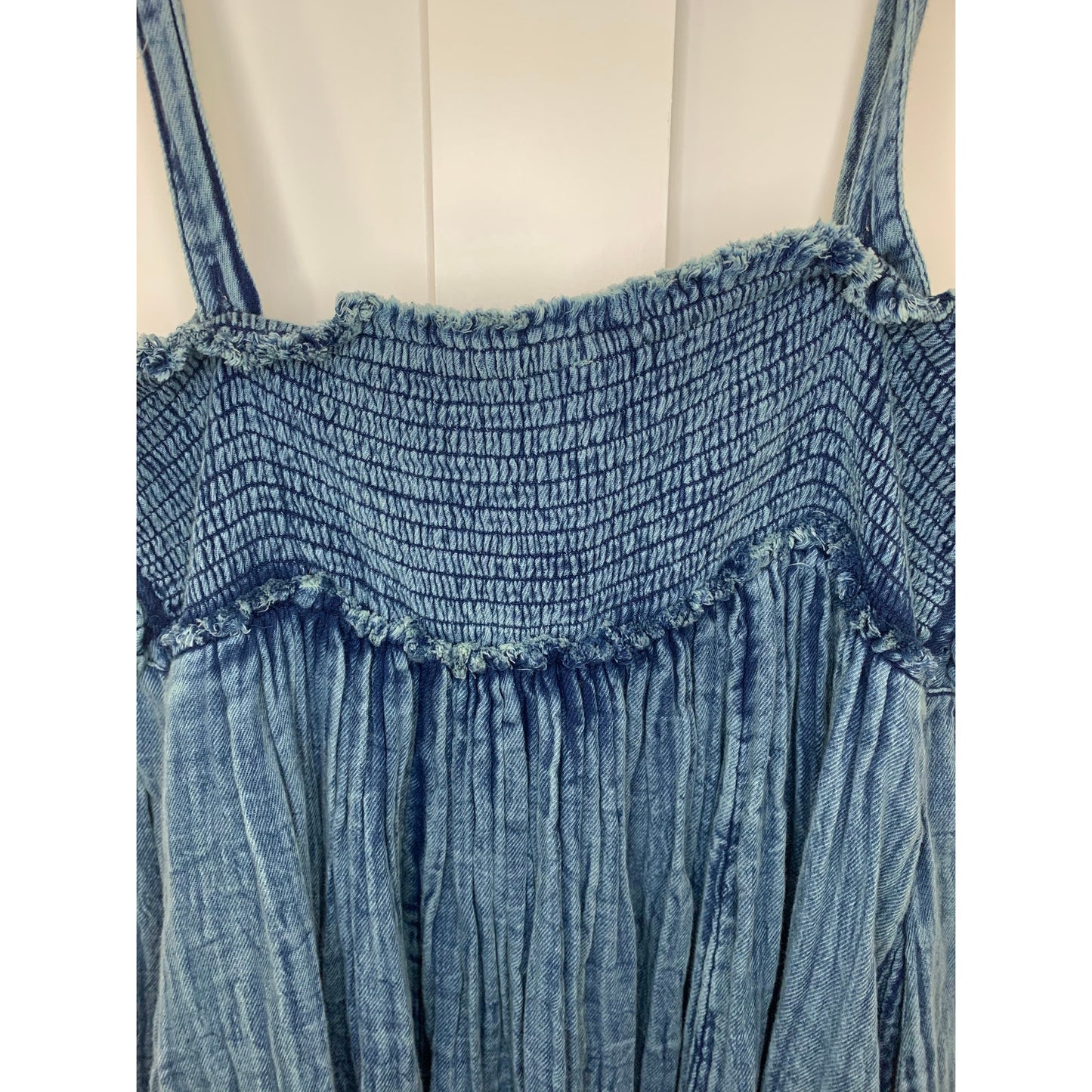 Free People Dolly Midi Dress Blue Floral Large Denim Cotton Pleated Relaxed Fit