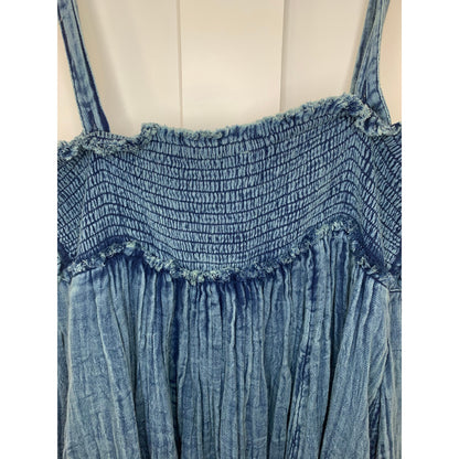Free People Dolly Midi Dress Blue Floral Large Denim Cotton Pleated Relaxed Fit