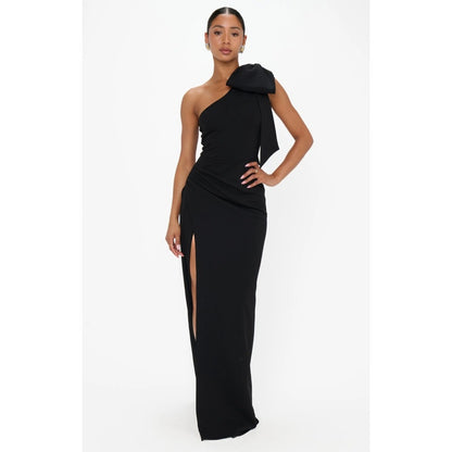 Show Me Your Mumu Women Black One Shoulder Bow Maxi Dress Slit Small