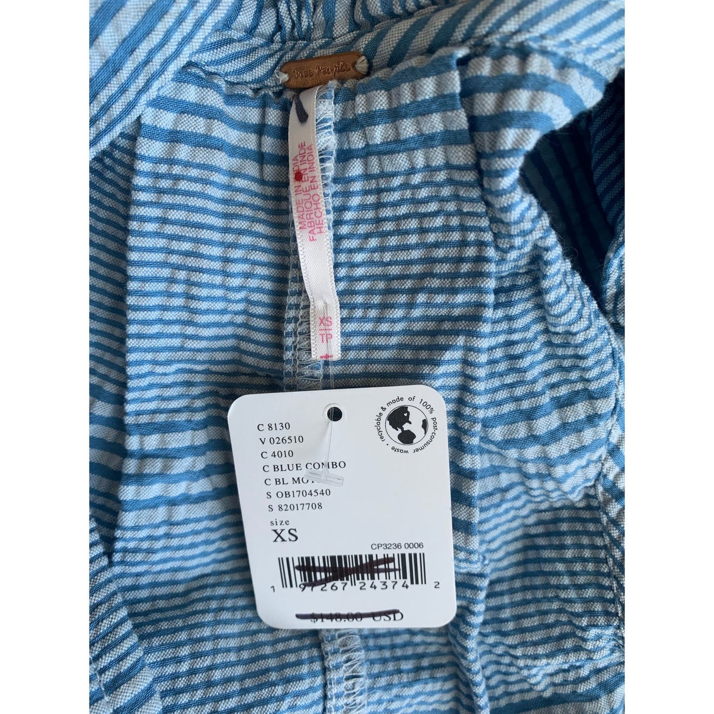 Free People Roadtripping Midi Dress Blue Combo Size XS V-Neck Sleeveless Cotton