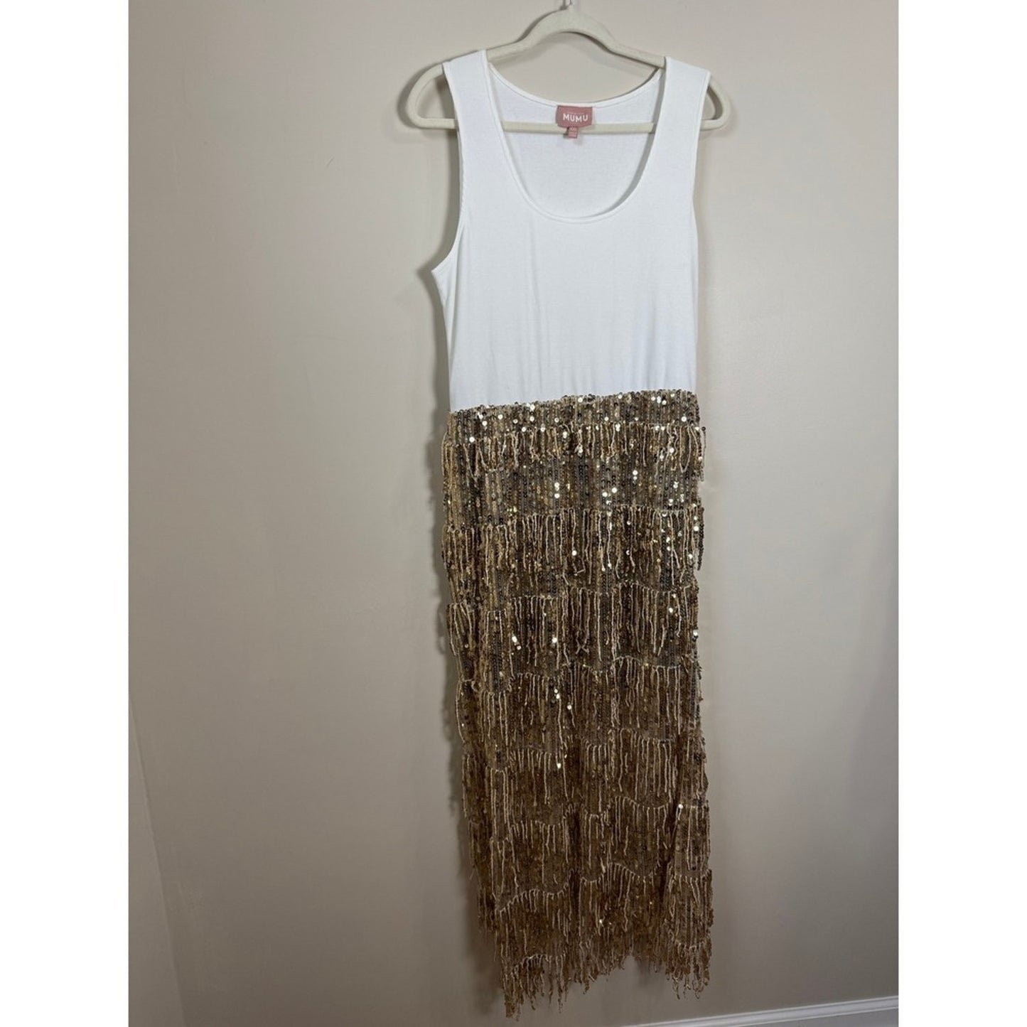 Show Me Your Mumu Sequin Fringe Maxi Dress White Gold Ribbed Tank XL Party NYE