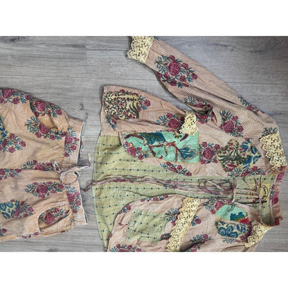 A Rare Bird Floral Patchwork Jacket and Wide Leg Pants Set Bohemian Peach