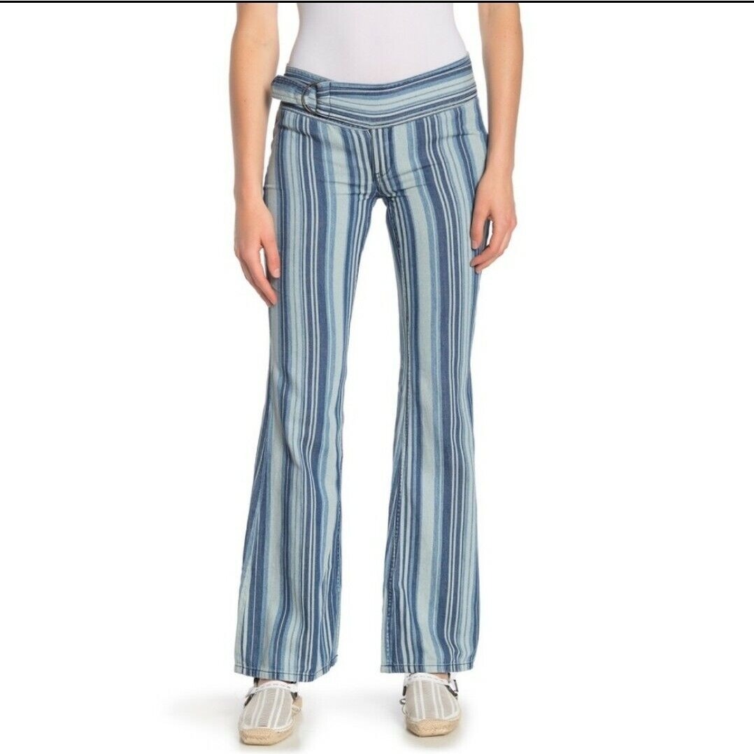 Free People We The Free Indigo Haze Journey Flare Size 28 Striped Zip Fly Cotton