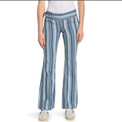 Free People We The Free Indigo Haze Journey Flare Size 28 Striped Zip Fly Cotton