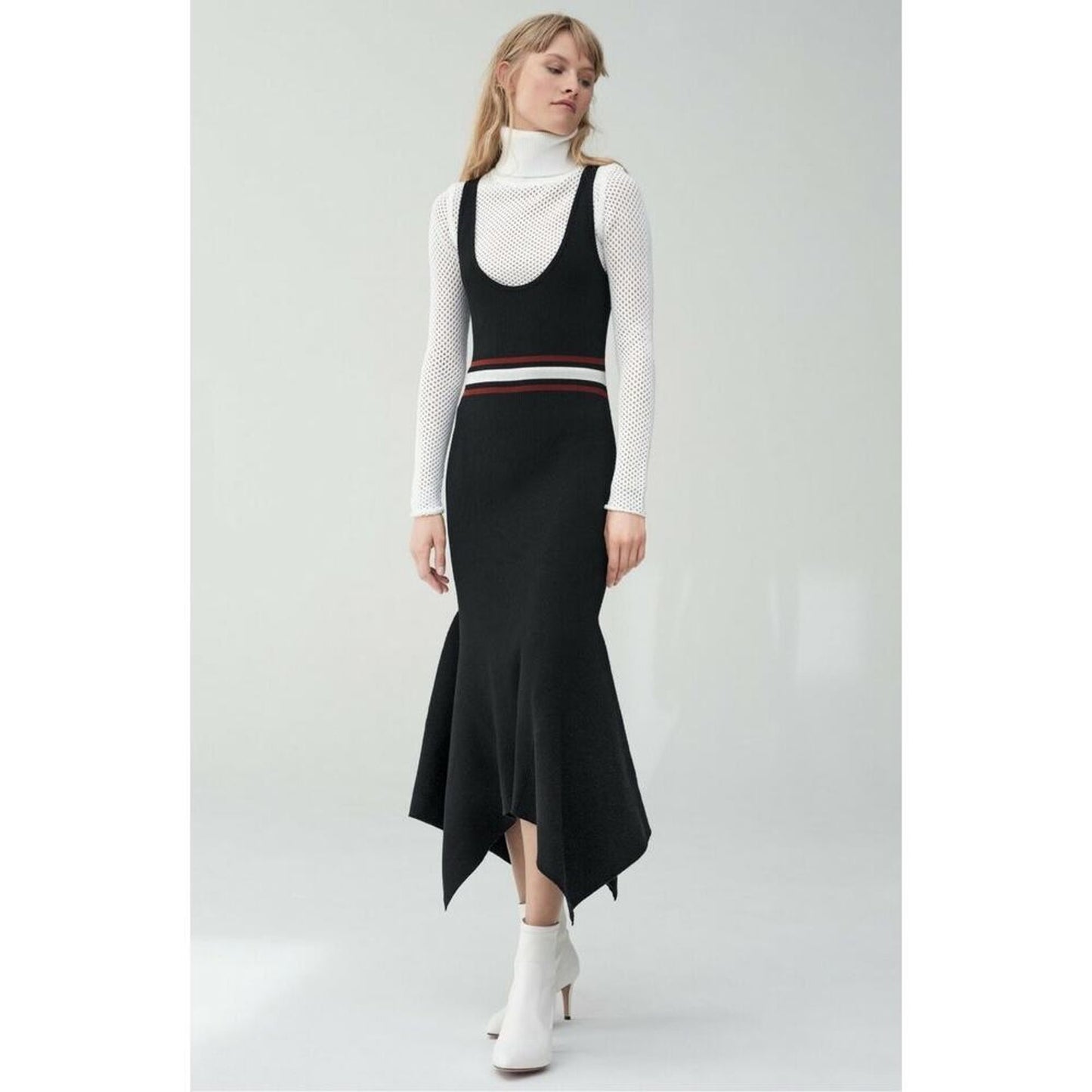 A.L.C. Anders Hankerchief Hem Ribbed Midi Dress in Black Stripe‎ Size Large