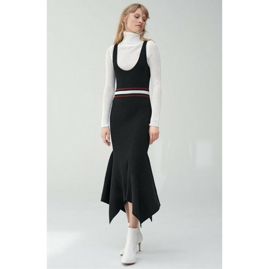 A.L.C. Anders Hankerchief Hem Ribbed Midi Dress in Black Stripe‎ Size Large