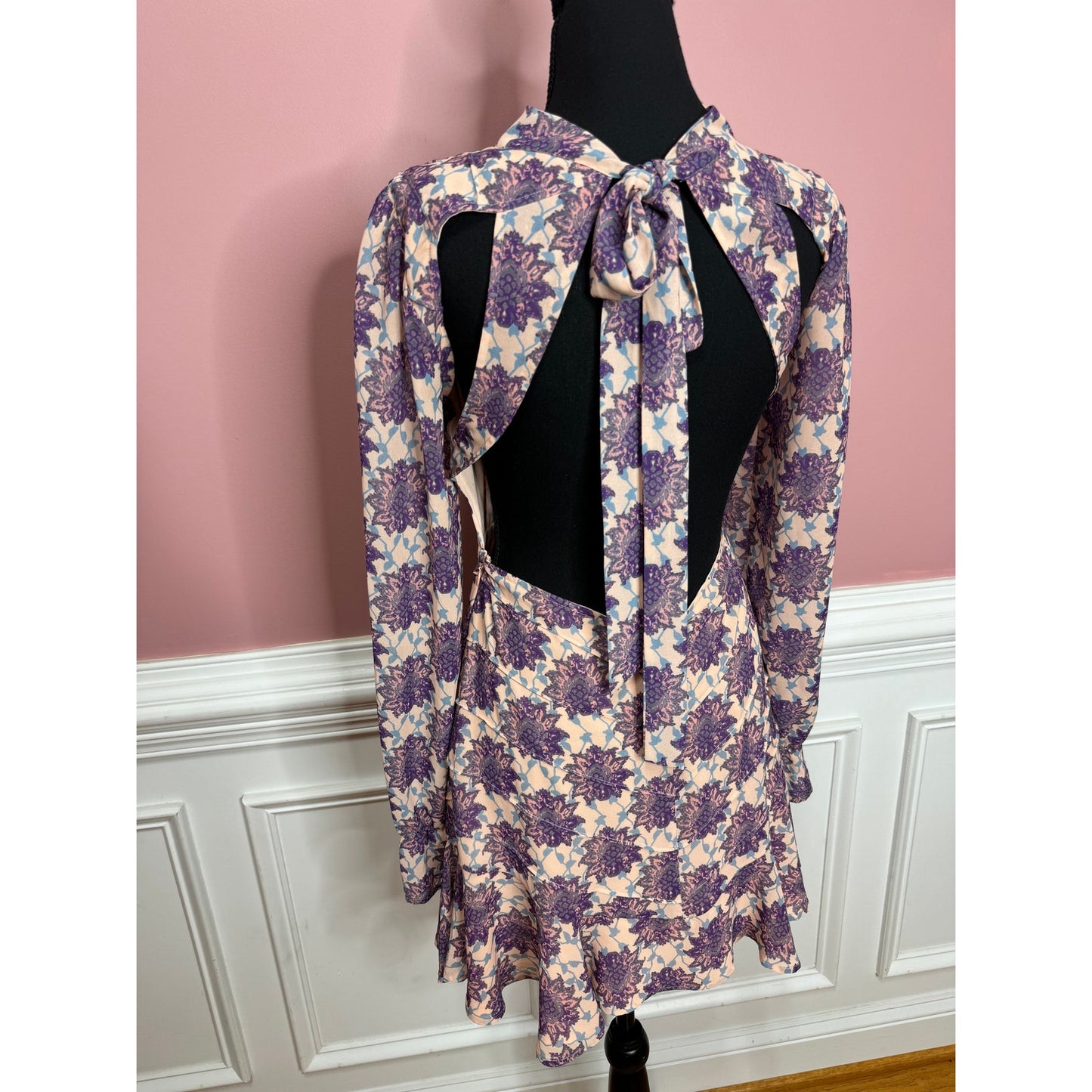 For Love & Lemons Clover Mini Dress in Lilac Print Small Long Sleeve Backless