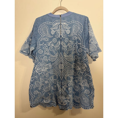 Free People Embroidered Denim Mini Dress Blue Paisley Scalloped Hem NWT