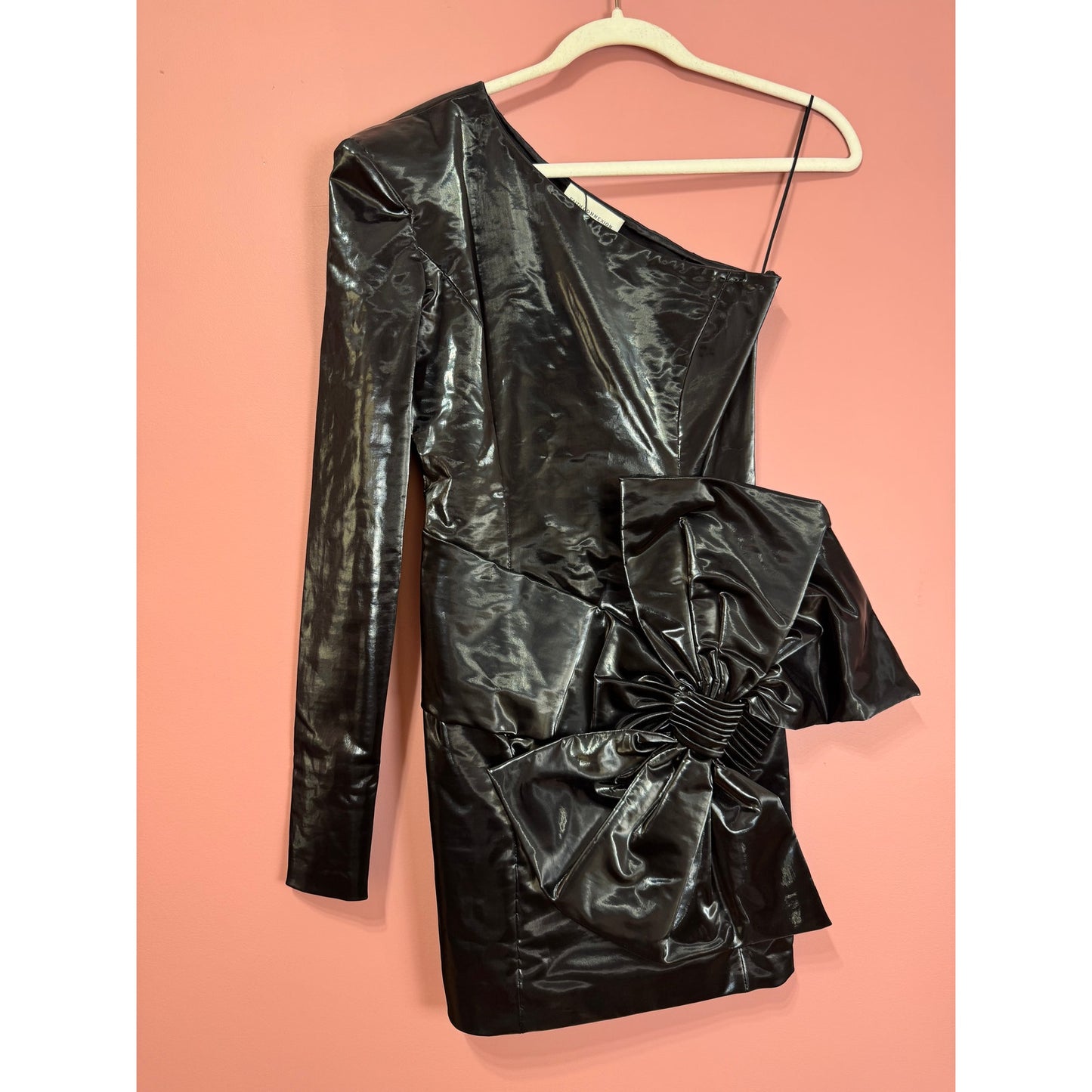 Faith Connexion Faux Patent Leather One Shoulder Bow Mini Dress in Black Size Small