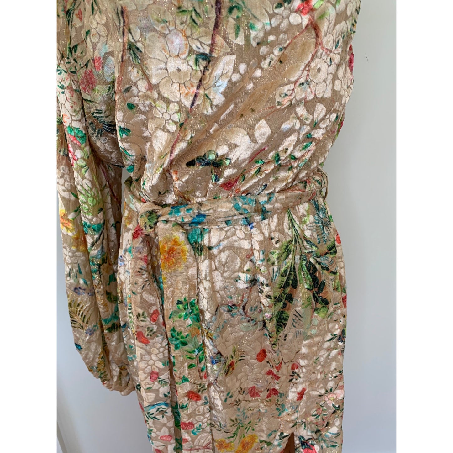 Hemant & Nandita Veena Dress in Nude Large Midi Floral One-Shoulder Lined