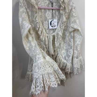 Jaded Gypsy Cream Floral Lace Ruffle Tie Front Cardigan Bohemian Romantic S/M