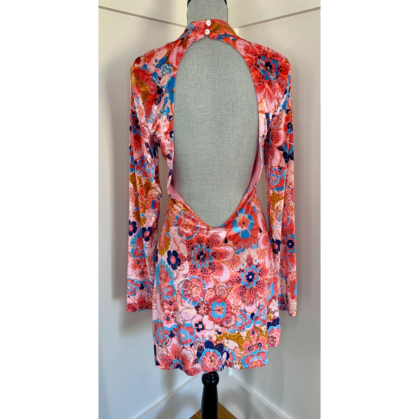 Free People Della Burnout Velvet Mini Dress in Pink Floral Medium Long Sleeve