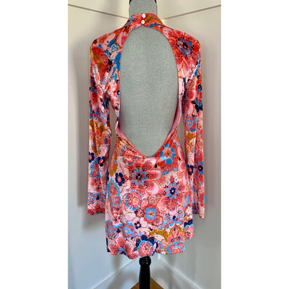 Free People Della Burnout Velvet Mini Dress in Pink Floral Medium Long Sleeve