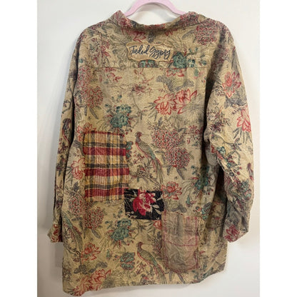 Jaded Gypsy Floral Bird Patchwork Button Down Shirt Boho Oversized Tunic Tan