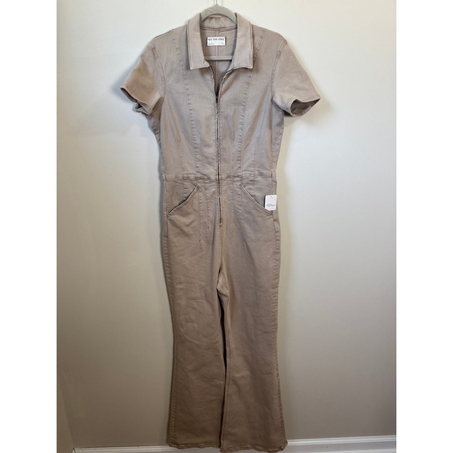 Free People We The Free Marci Denim Jumpsuit Flare Leg Tan Coverall XL NEW