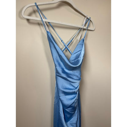 Katie May Los Angeles Blue Satin Cowl Neck Maxi Gown Dress NWT Defect