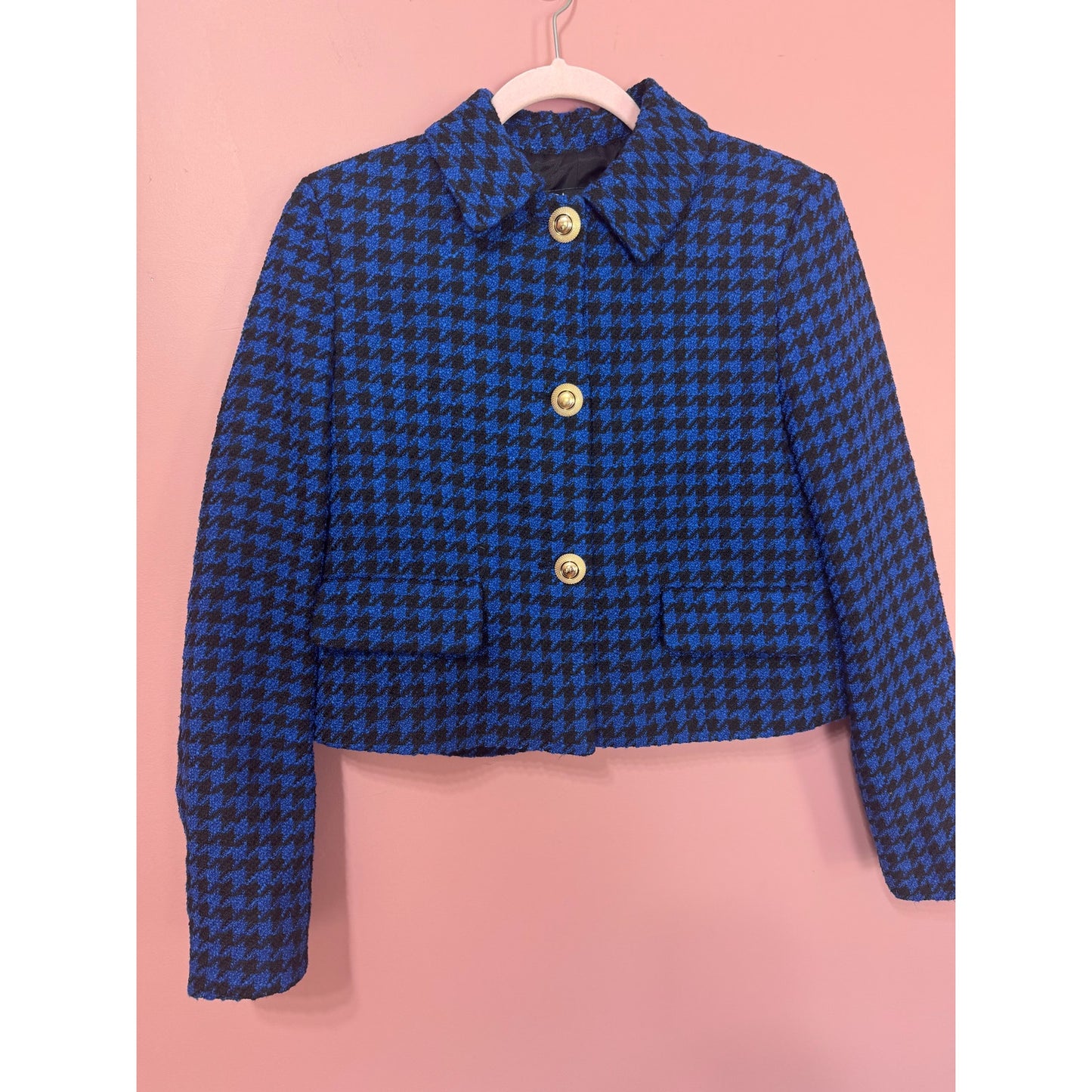 NEW Zara Blogger Fave Royal Blue Tweed Houndstooth Crop Blazer Gold Buttons SIze Small