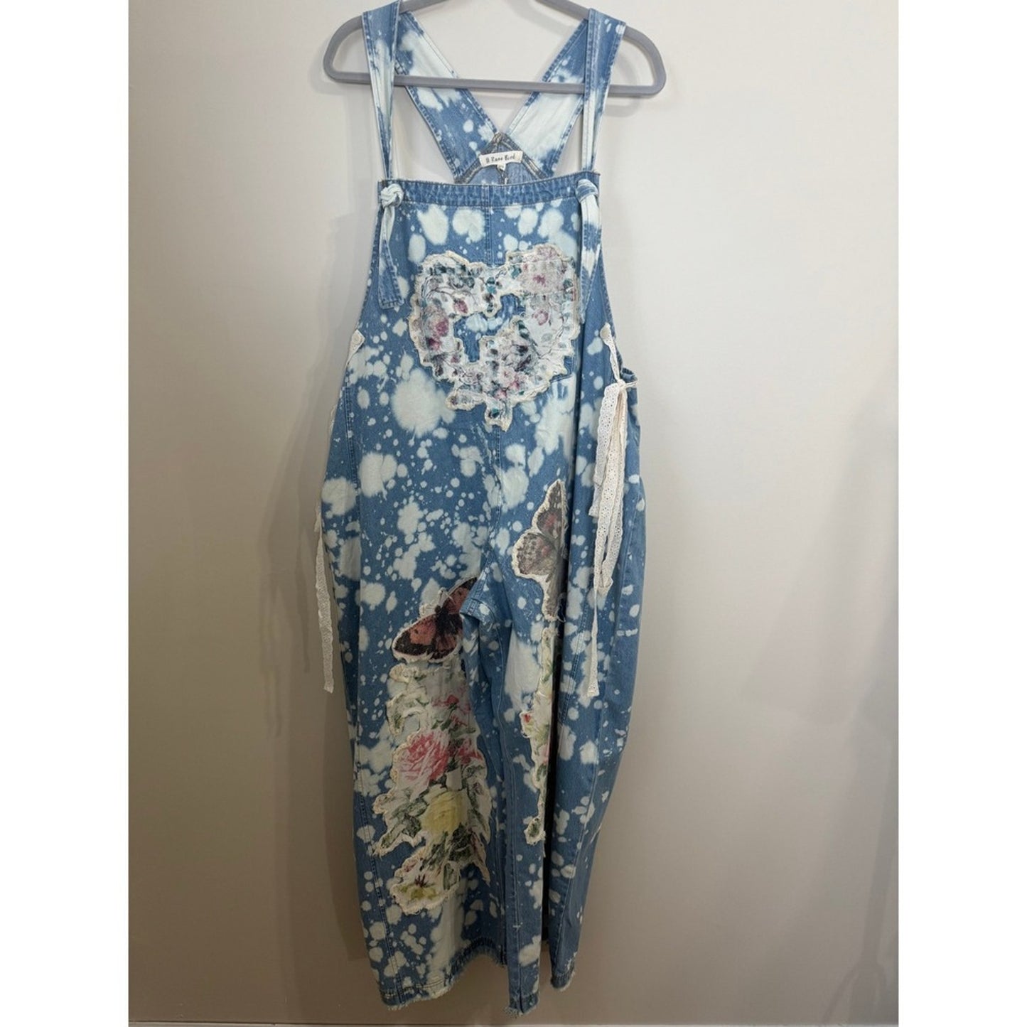 A Rare Bird Shop Custom Denim Overalls Acid Wash Floral Butterfly Lace Heart OS