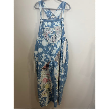 A Rare Bird Shop Custom Denim Overalls Acid Wash Floral Butterfly Lace Heart OS