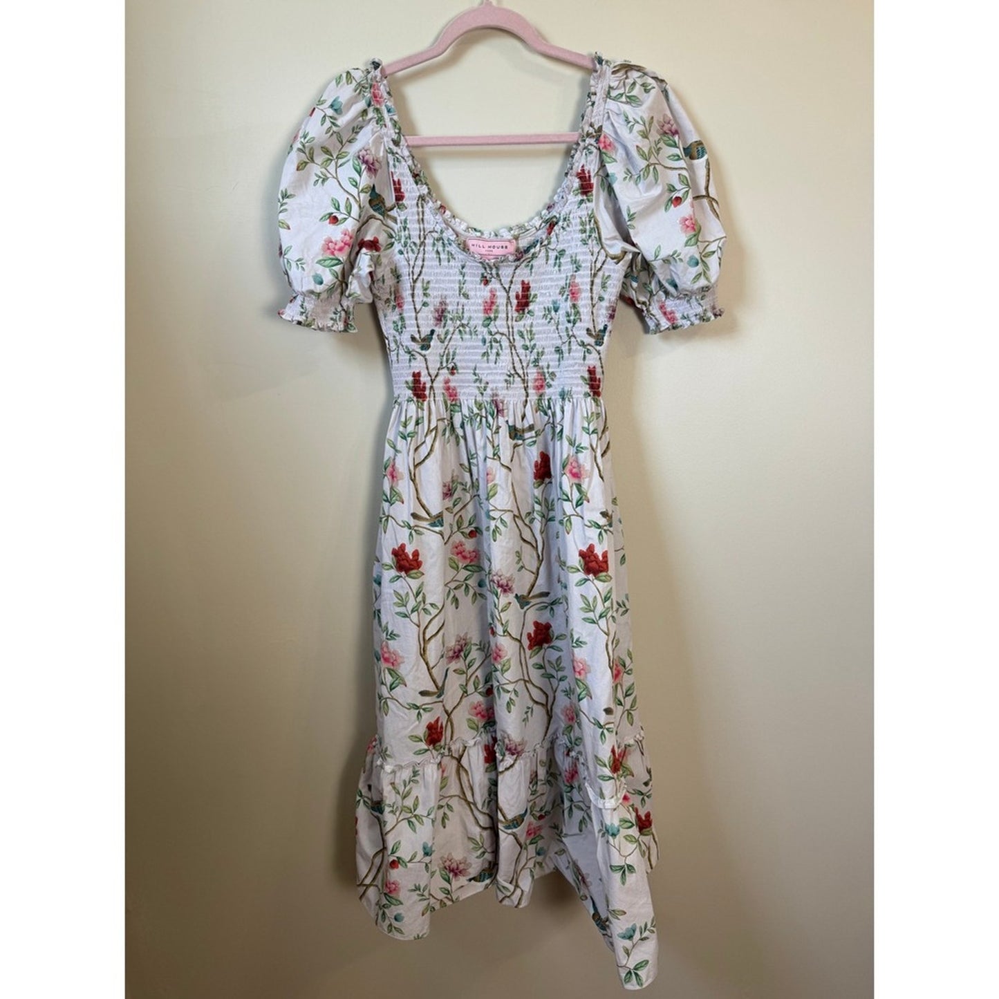 Hill House Home x Diane Hill Anjuli Nap Dress Floral Bird Smocked Midi Medium