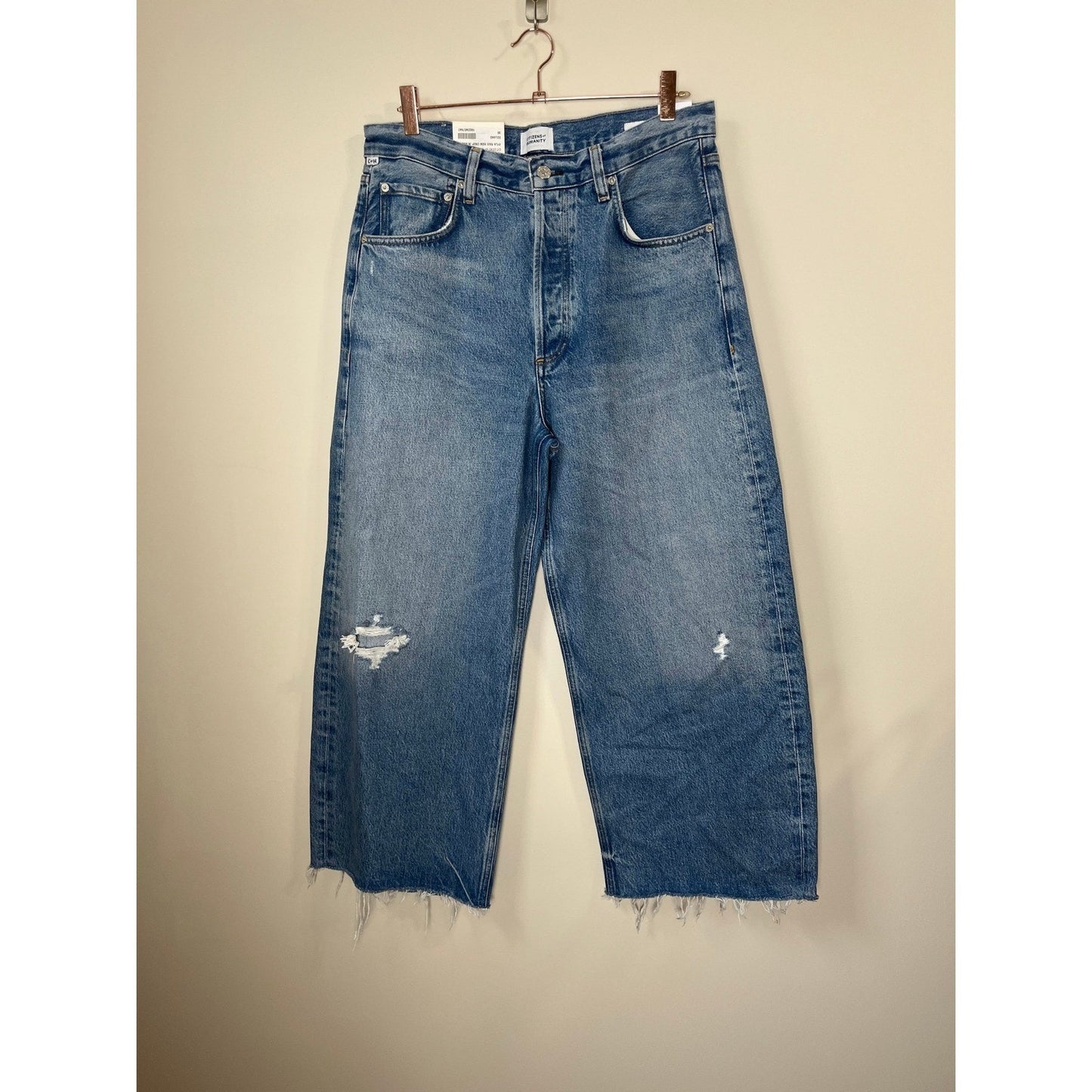 Citizens of Humanity Wide Leg Jeans Distressed Cropped Raw Hem Blue Wash Size 30