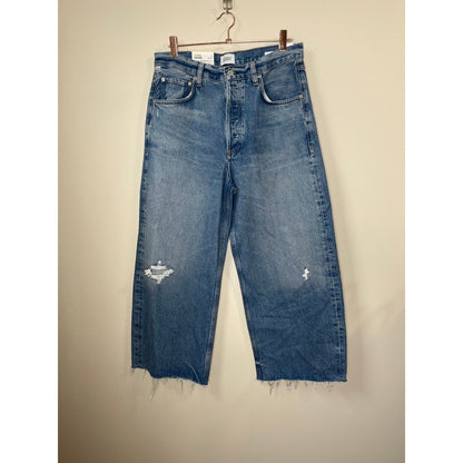 Citizens of Humanity Wide Leg Jeans Distressed Cropped Raw Hem Blue Wash Size 30