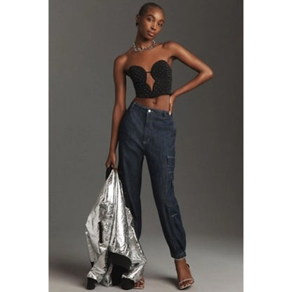 NEW Pilcro Anthropologie Seamed Sport Low-Rise  Cargo Jeans Blue Size 27 Tall