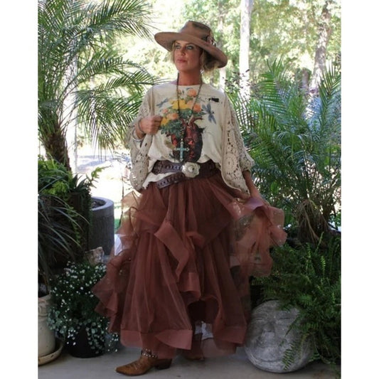 Jaded Gypsy Ruffle Dreams Skirt Midi Tulle Brown Boho L XL Made in Los Angeles