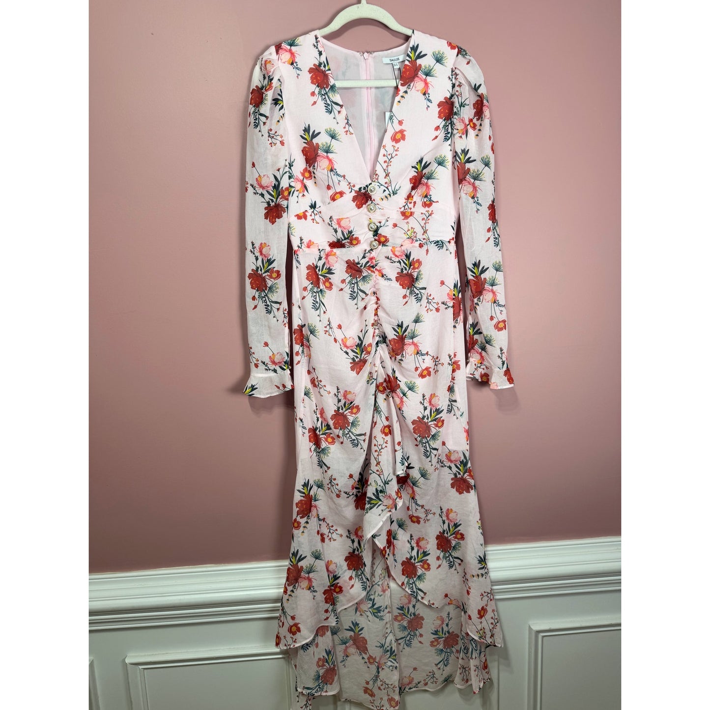 Sau Lee Ciara Floral Pink Ruffle Hi-Low Midi Dress Size 4