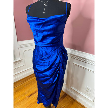 Amanda Uprichard Jasalina Dress in Branson Blue Large Satin Backless Cross Strap