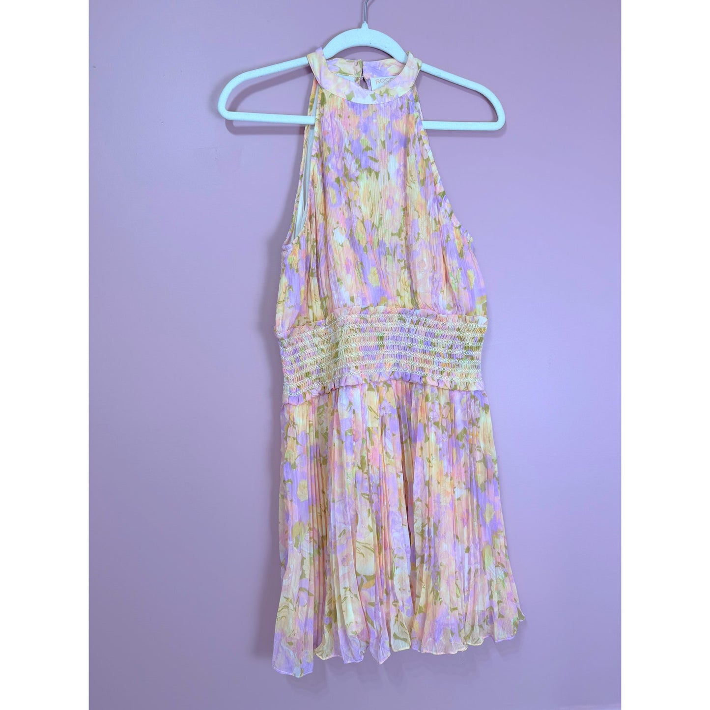 Rococo Sand Faye High Neck Floral Print Pleated Mini Dress Size Large