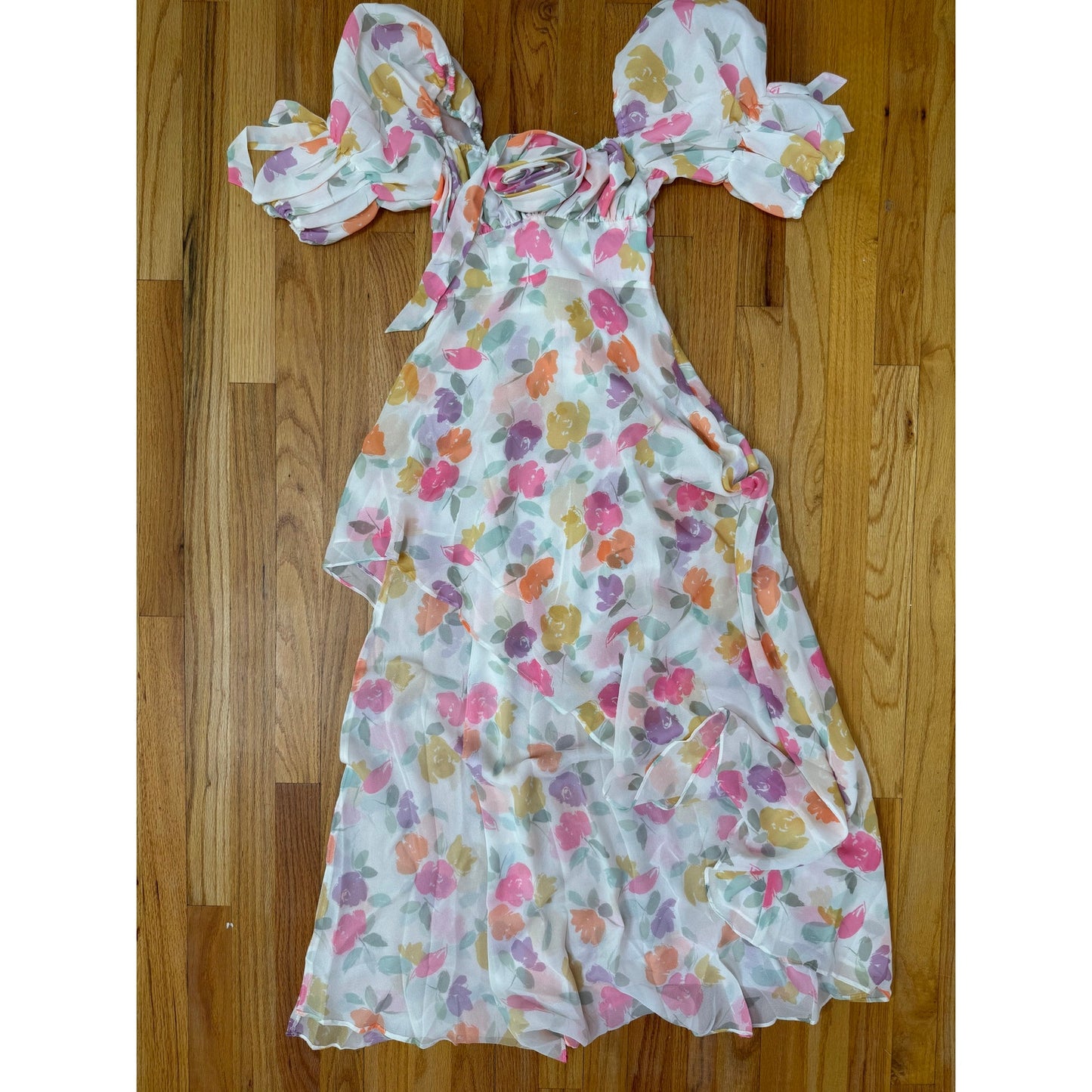 For Love & Lemons Petal Midi Dress Floral Size XXS Short Sleeve Asymmetrical
